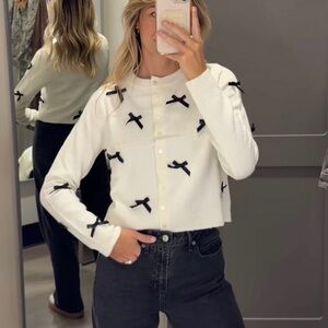 White Cropped Cardigan with Black Bow Details A New Day - NWT szM